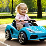 **

A vibrant, safe-looking toddler (1-3 years old) happily riding a push-car style ride-on sports car in a bright, sunny park. The car has a safety bar and belt. Focus on the child's joy and the safety features of the toy. Include other children playing in the background for context.

**