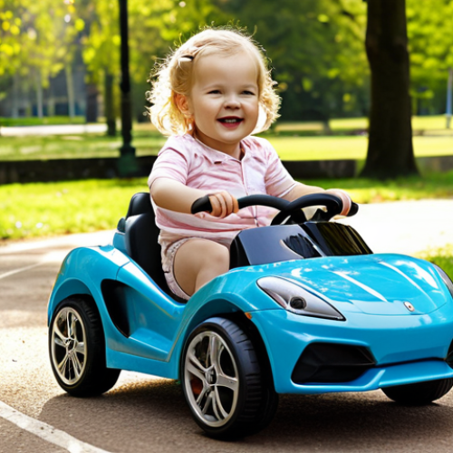 **

A vibrant, safe-looking toddler (1-3 years old) happily riding a push-car style ride-on sports car in a bright, sunny park. The car has a safety bar and belt. Focus on the child's joy and the safety features of the toy. Include other children playing in the background for context.

**