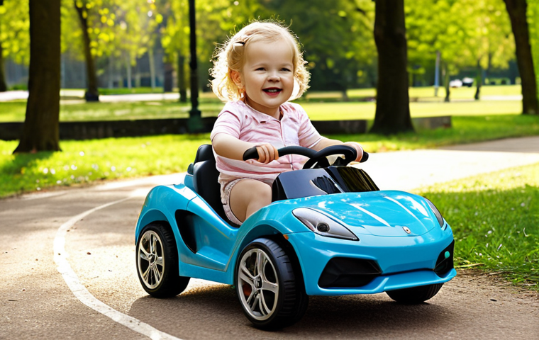 **

A vibrant, safe-looking toddler (1-3 years old) happily riding a push-car style ride-on sports car in a bright, sunny park. The car has a safety bar and belt. Focus on the child's joy and the safety features of the toy. Include other children playing in the background for context.

**