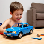 **

A child joyfully riding a repaired toy car. In the background, a parent is working on another toy car with tools, emphasizing the DIY repair aspect. The scene should convey a sense of accomplishment and family bonding.

**