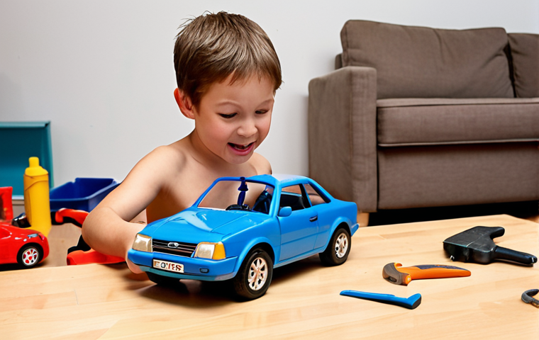 **

A child joyfully riding a repaired toy car. In the background, a parent is working on another toy car with tools, emphasizing the DIY repair aspect. The scene should convey a sense of accomplishment and family bonding.

**