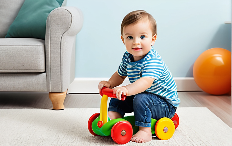 승용완구 연령 제한 정보 - **Image Prompt 1: Joyful Infant's First Ride**
    A close-up, warm, and bright indoor shot of a smi...