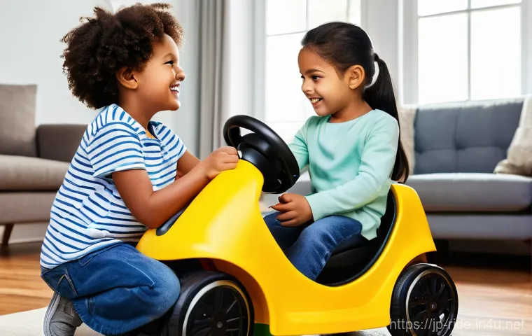 승용완구 블루투스 스피커 기능 - A vibrant and joyful scene of a young child, approximately 4 years old, actively playing indoors. Th...